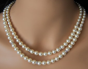 Wedding jewelry, bridal jewelry, pearl necklace with swarovski pearls, crystals, and rhinestones brooch