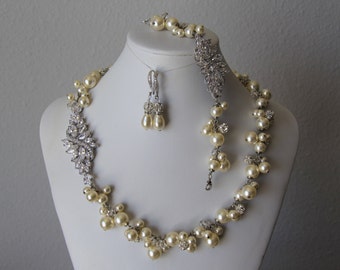 wedding jewelry, bridal jewelry set, pearl necklace, bracelet, earrings, swarovski pearls, cz brooch, wedding necklace