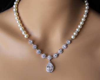 Swarovski and cz wedding, bridal jewelry, wedding necklace, bridal necklace, pearl necklace earrings, swarovski pearls rhinestones brooch