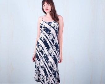 Vintage Silk Bamboo Dress Bias Cut Slip Hawaiian Big Print White Navy Small