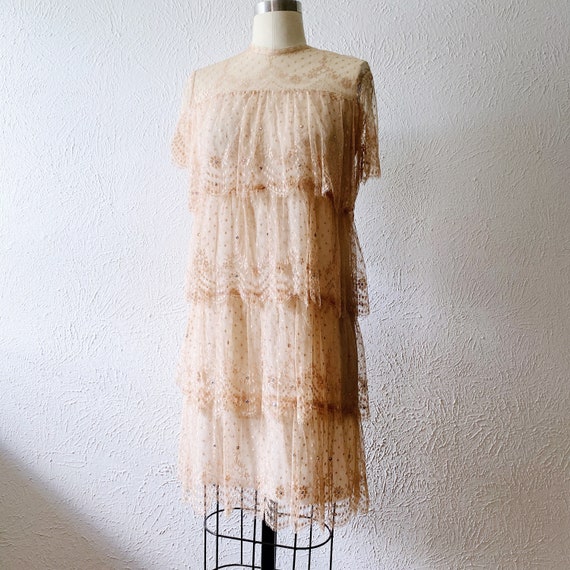 60's Champagne Lace Dress Flapper Tiered Rhineston
