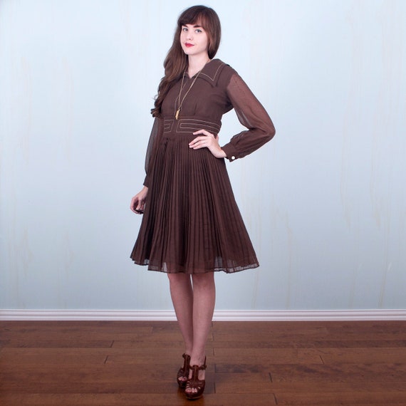 60's Dress / Mod Collar Brown & White Sheer Poet S