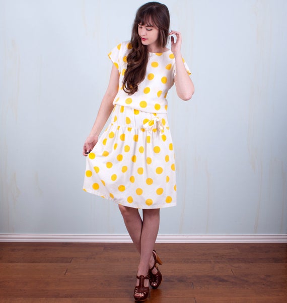white and yellow polka dot dress