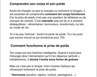 May include: Text on a white background discusses natural weight loss without surgery. The text is in French and explains the importance of understanding the body and how weight gain works, including factors like hormones and sleep.