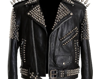 スタッズファッションジャケットパンクメンズ本革、シルバーヘビー