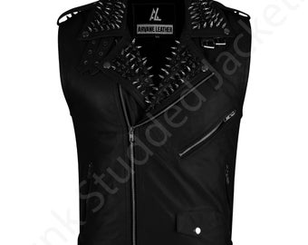 Spiked Leather Biker Vest: Handmade Studded Punk Rock Moto Jacket