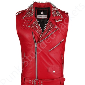 Red Punk Leather Vest for Men, Studded Spiked Biker Vest, Sleeveless Moto Jacket, Gothic Rock Festival Vest, Handmade Leather Studded Vest