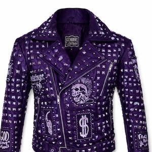 Men Gothic studded leather jacket Patchwork Purple Punk Biker Skull Rivet Handmade Studs