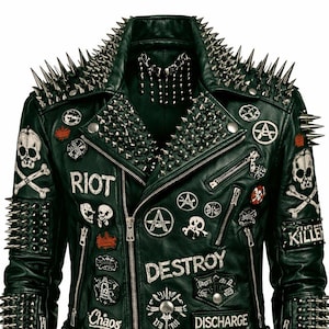 Chaqueta de cuero con parches y tachuelas, estilo punk, motero, con pinchos, calavera, gótico, hecha a mano, unisex, para motociclista.
