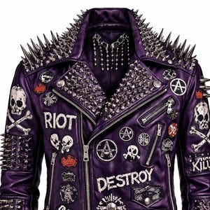 Veste en cuir punk cloutée violette motard à crampons manteau gothique anarchie fait main unisexe tendance