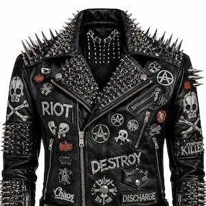 Men Biker Studded Leather Jacket with Patches Punk Spiked Motorcycle Coat