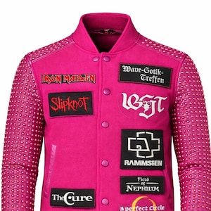 Gothic Varsity Jacken Pink Nieten Punk Rock Band Patch Leder Ärmel Unisex Streetwear Mantel