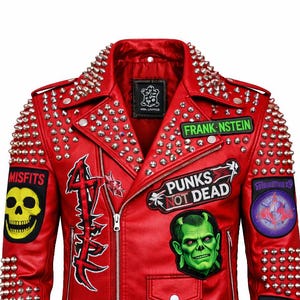 レッドスタッズレザーパンクジャケットフランケンシュタインゴシックバイカーコート