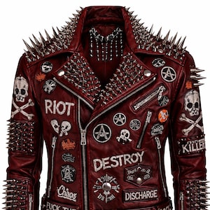 Handmade Gothic Studded Leather Jacket Punk Spike Biker Red Skull Patch Heavy Metal Mens