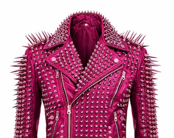 Men Studded Leather Jacket Pink Punk Spiked Biker Jacket Heavy Metal Rock Fashion Style