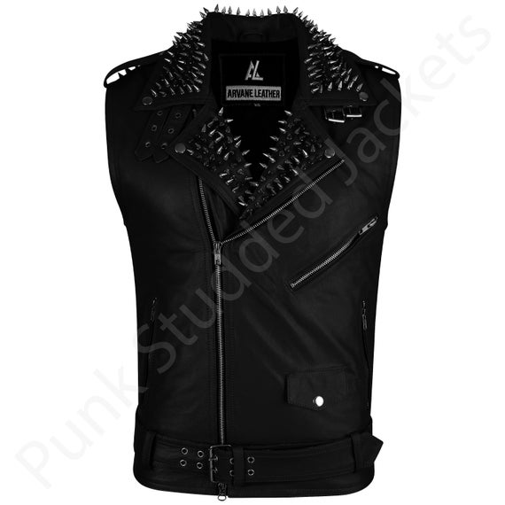 Spiked Leather Biker Vest: Handmade Studded Punk Rock Moto Jacket
