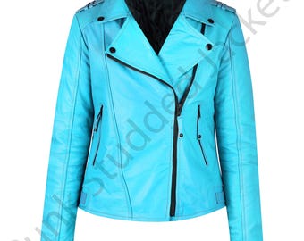 Chaqueta de motociclista de cuero azul: estilo motociclista con tachuelas y cremallera asimétrica
