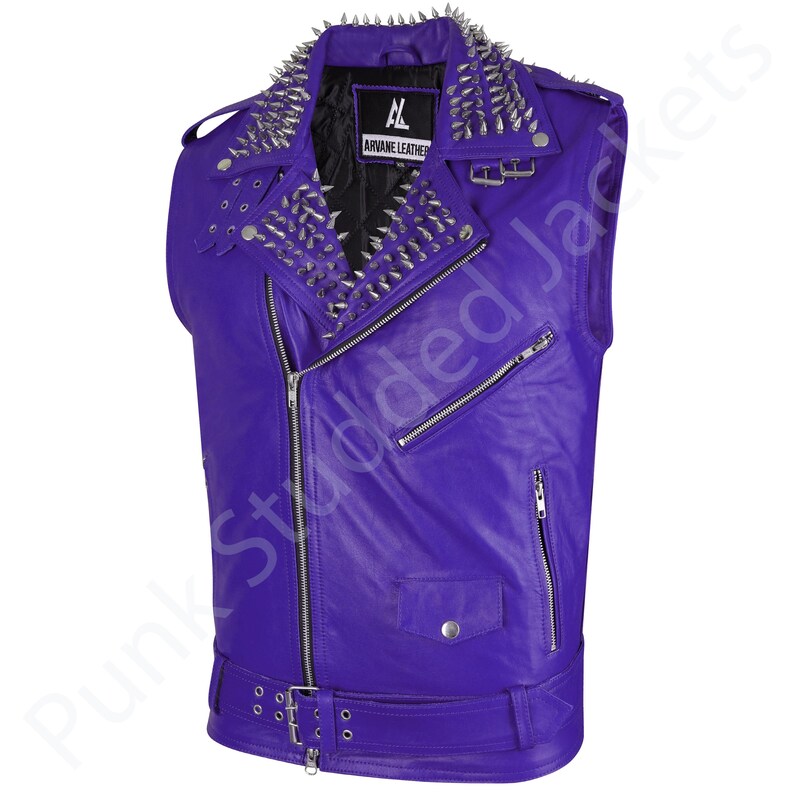 Mens purple punk leather vest with studded spiked biker design, gothic rocker sleeveless jacket style for festivals, concerts, and motorcycle riding. This heavy metal rocker vest doubles as clubwear punk biker vest and alternative style outfit. Bold purple motorcycle jacket color with gothic punk spiked details, sleeveless punk biker top cut, and rocker studded biker top finish make it perfect men’s punk festival vest and fashion statement.