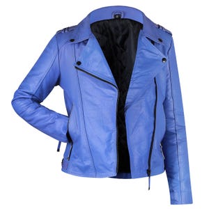 ブルーレザーバイカージャケット：スタッズ付きモトスタイル