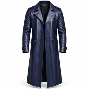 May include: A long navy blue leather trench coat featuring a wide notched collar, shoulder epaulets, and a four-button front closure. The coat includes two side flap pockets and adjustable buttoned cuffs on the long sleeves, with a black lining.