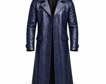 Marinblå läderduster trenchcoat herr i äkta läder, lång överrockjacka