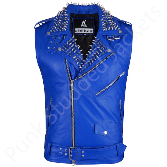Handmade Blue Leather Punk Vest: Spiked Studded Biker Waistcoat