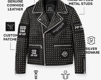 Herren Echtleder Bikerjacke mit Nieten und benutzerdefinierten Lederpatches