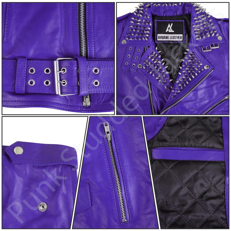 Mens purple punk leather vest with studded spiked biker design, gothic rocker sleeveless jacket style for festivals, concerts, and motorcycle riding. This heavy metal rocker vest doubles as clubwear punk biker vest and alternative style outfit. Bold purple motorcycle jacket color with gothic punk spiked details, sleeveless punk biker top cut, and rocker studded biker top finish make it perfect men’s punk festival vest and fashion statement.