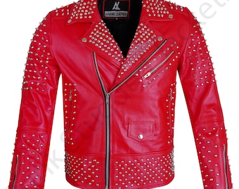 Red Leather Studded Biker Jacket: Vintage Rock & Roll Motorcycle Style