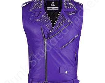 Mens Purple Studded Leather Vest: Spiked Punk Biker Jacket
