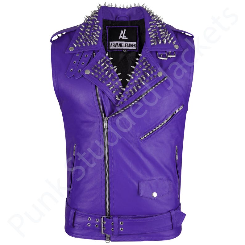 Mens purple punk leather vest with studded spiked biker design, gothic rocker sleeveless jacket style for festivals, concerts, and motorcycle riding. This heavy metal rocker vest doubles as clubwear punk biker vest and alternative style outfit. Bold purple motorcycle jacket color with gothic punk spiked details, sleeveless punk biker top cut, and rocker studded biker top finish make it perfect men’s punk festival vest and fashion statement.