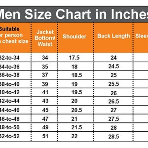 May include: A men's size chart in inches, detailing jacket measurements including chest, waist, shoulder, back length, sleeve length, and cuff. Sizes range from XXS to 5XL, with all measurements in inches.