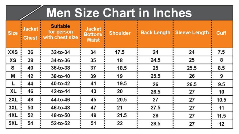 May include: A men's size chart in inches, detailing jacket measurements including chest, waist, shoulder, back length, sleeve length, and cuff. Sizes range from XXS to 5XL, with all measurements in inches.