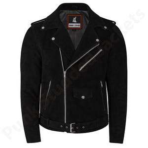 May include: A black suede motorcycle jacket featuring a silver-tone asymmetrical front zip, a notched lapel with snap buttons, shoulder epaulettes, three zipped pockets, one small flap pocket with a snap, and a buckled belt at the waist.