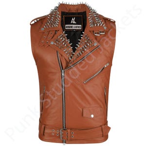 Men&#39;s Brown Punk Leather Vest – Handmade Studded Biker Jacket with Long Silver Spikes, Sleeveless Rocker Moto Vest, Gothic Festival Wear