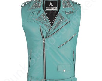 Aqua Blue Studded Leather Biker Vest: Punk Rock Motorcycle Waistcoat