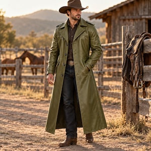 Könnte beinhalten: Ein olivgrüner Ledermantel mit breitem Kragen, Knopfleiste und Schulterklappen. Der lange Mantel wird über einem dunkelbraunen Hemd und einer dunkelblauen Jeans getragen, kombiniert mit einem braunen Cowboyhut und braunen Lederstiefeln.