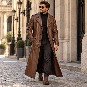 Peut inclure: Un long trench-coat en cuir marron doté d'un large col, d'une fermeture boutonnée et de pattes d'épaule. Le manteau est porté sur un pull à col roulé noir et un pantalon noir, avec des bottines en cuir marron et des lunettes de soleil.