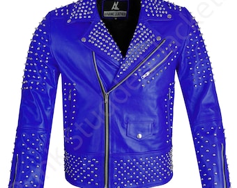 Custom Blue Studded Leather Jacket Men’s Punk Rock Biker Personalized Coat