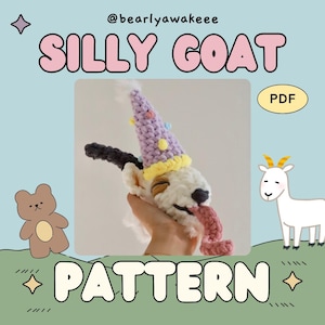 Puede incluir: Se muestra un patrón de ganchillo de cabra, con una cabeza de cabra blanca y negra con una lengua rosa y un gorro de fiesta morado. El texto "SILLY GOAT PATTERN" está escrito en rosa y verde.