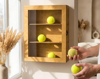 Wooden Tennis Ball Display Case, Wall-Mount Collector Cabinet