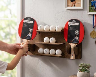 Wooden Ping Pong Paddle and Ball Wall Holder, Game Room Storage Rack