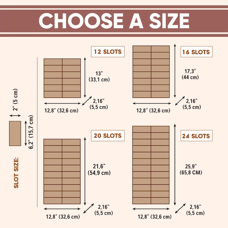 May include: A size guide chart titled CHOOSE A SIZE displaying four rectangular grid layouts with 12, 16, 20, and 24 slots. Each layout includes dimensions in inches and centimetres. A single slot is shown with dimensions of 5 cm by 15.7 cm.