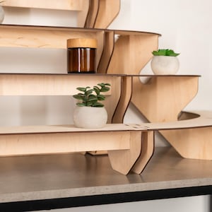 Modern Display Stand, Plywood Tiered Shelf, Display Case for Stickers, Coasters, Laser Cut Organizer, Counter Display Rack image 8