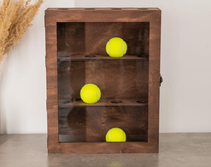 Tennis Ball Display Case, Wooden Display Box, Tennis Wall Rack, Collector Ball Case, Tennis Decor, Tennis Fan Gift, Present for Dad