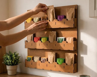 Handmade Wooden Tea Bag Organizer, Wall Mount Display Stand, Kitchen Storage