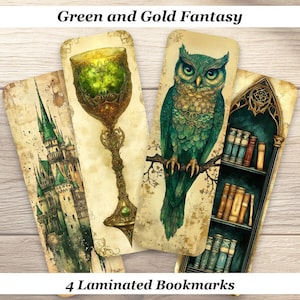 May include: Four rectangular laminated bookmarks featuring the text Green and Gold Fantasy and 4 Laminated Bookmarks. The designs include a green castle, a golden chalice with green accents, a green owl on a branch, and a dark bookshelf with books.