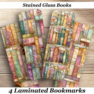 May include: Four laminated bookmarks with a stained glass design featuring colorful books and floral accents. The bookmarks have a rectangular shape and are arranged on a wooden surface. The text "Stained Glass Books" and "4 Laminated Bookmarks" are visible.