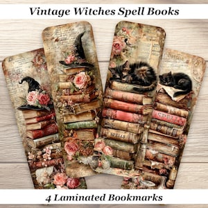 Vintage Witches Spell Books Bookmarks Set of 4 Gothic Laminated Bookmarks.  Witchy Reading Dark Academia Gift.