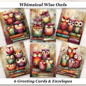 May include: Set of six greeting cards featuring whimsical owl illustrations. Each card showcases a unique arrangement of colorful owls, some perched on stacks of books. The cards have a vintage, artistic style with the text "Whimsical Wise Owls" and "6 Greeting Cards & Envelopes".